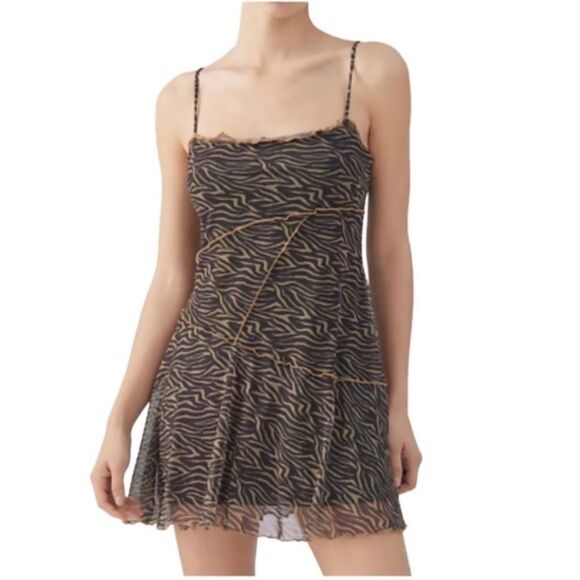 Urban Outfitters 90s Fairy Black Brown Zebra Mesh Overlay Cami Mini Dress S - Picture 1 of 9